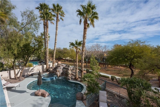 surrounding community with a patio, a swimming pool, and fence