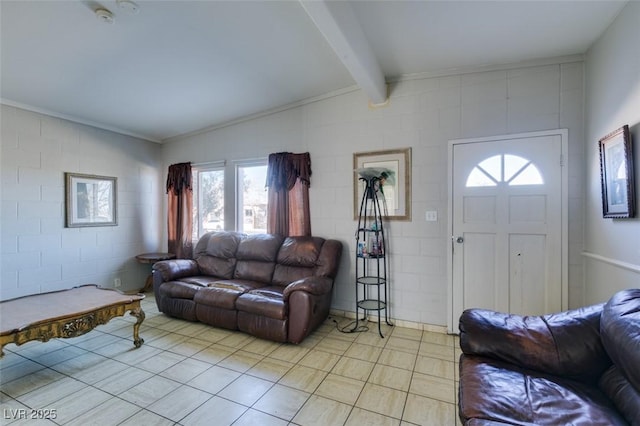 living room with lofted ceiling with beams and light tile patterned floors