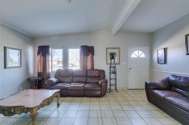 living room with lofted ceiling with beams