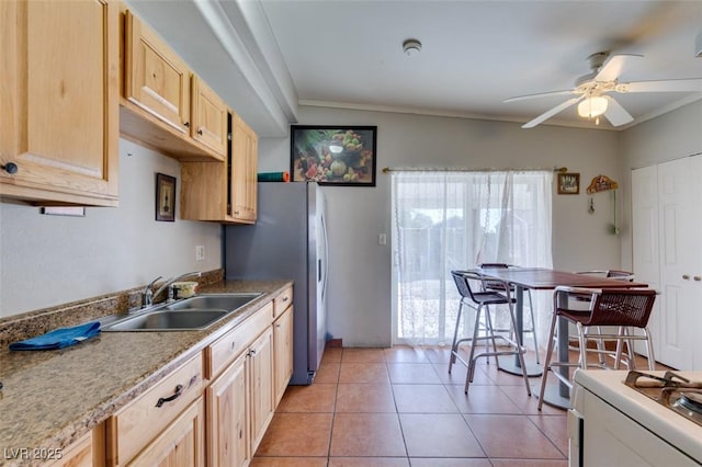 kitchen featuring light tile patterned flooring, ornamental molding, a sink, and light brown cabinetry