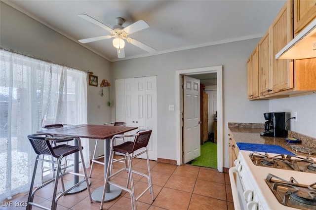 dining space with a ceiling fan, light tile patterned flooring, and baseboards