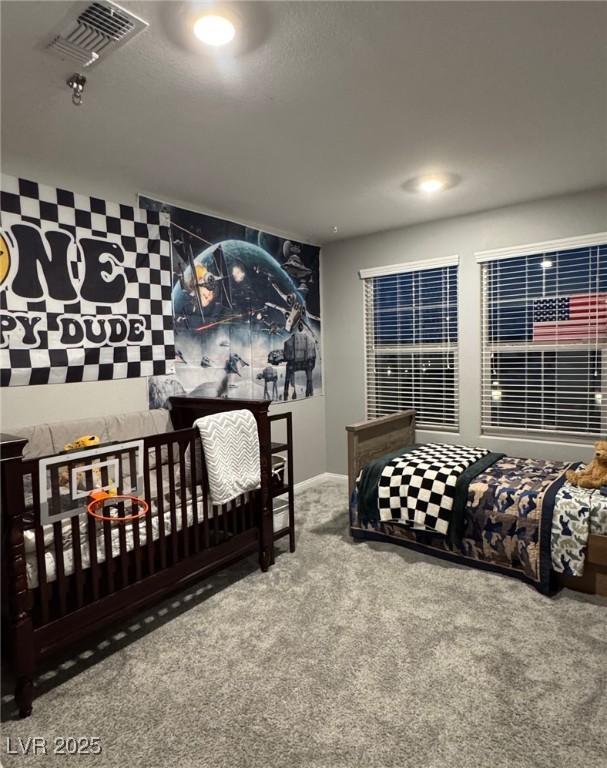 carpeted bedroom featuring recessed lighting, visible vents, and baseboards