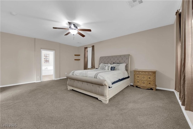 bedroom featuring ceiling fan, carpet floors, visible vents, and baseboards