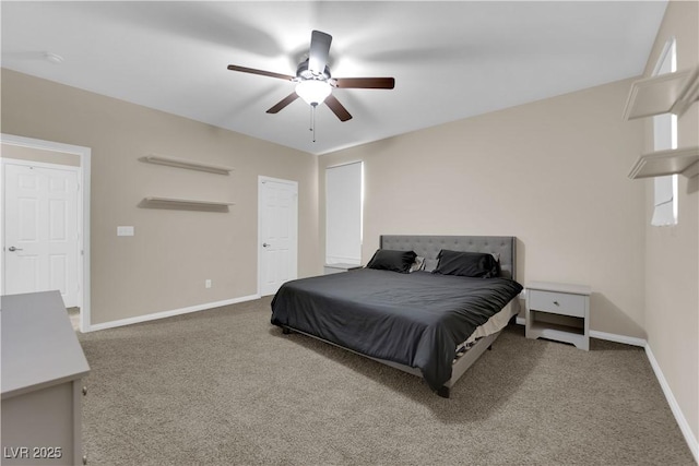 bedroom with carpet floors, a ceiling fan, and baseboards