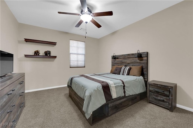 bedroom with ceiling fan, carpet, visible vents, and baseboards