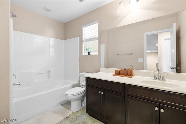 bathroom with shower / bathing tub combination, tile patterned flooring, vanity, and toilet