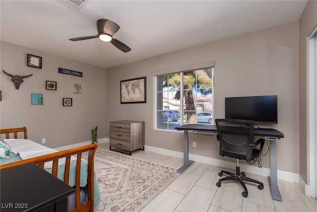 bedroom with a ceiling fan, visible vents, and baseboards