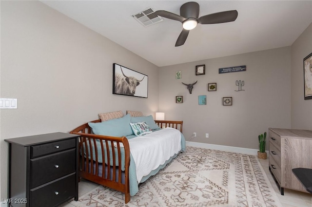 bedroom with visible vents, ceiling fan, and baseboards