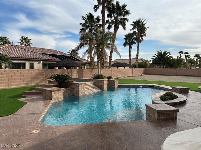 view of pool featuring a patio area, a fenced backyard, and a fenced in pool