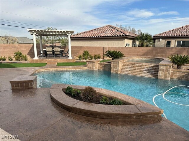 view of swimming pool featuring a fenced in pool, an in ground hot tub, a fenced backyard, and a pergola