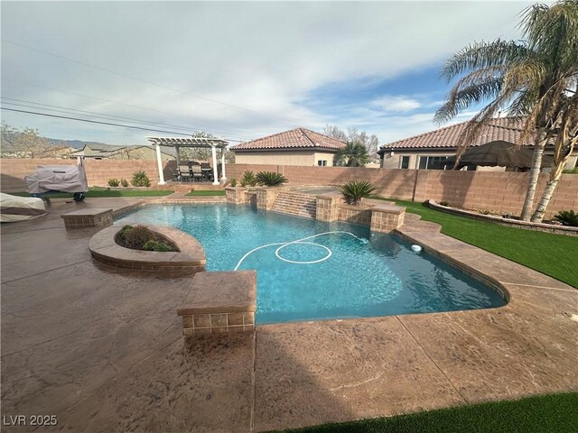 view of swimming pool with a fenced in pool, a patio, a fenced backyard, and a pergola