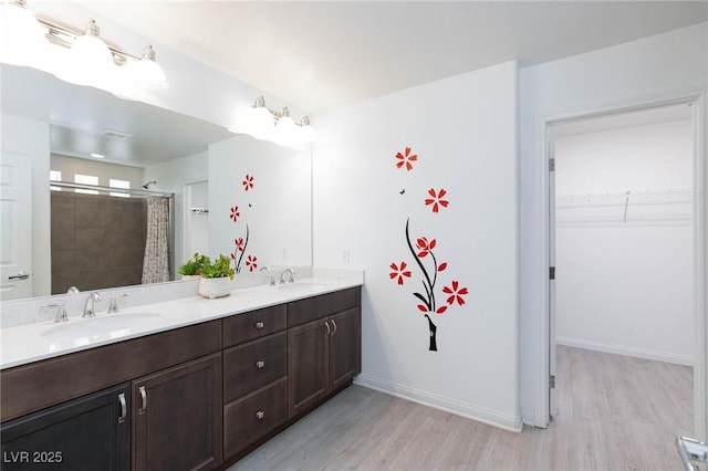 bathroom featuring a spacious closet, a sink, and wood finished floors