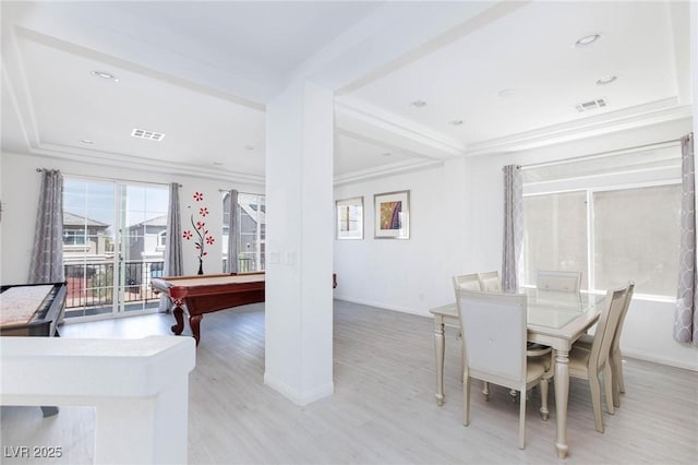 interior space featuring pool table, visible vents, light wood-style flooring, and baseboards