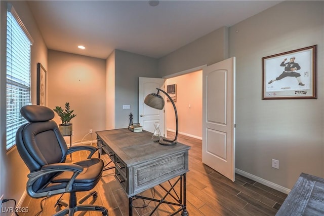 office with dark wood-type flooring, baseboards, and recessed lighting