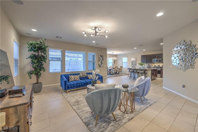 living room with baseboards, visible vents, recessed lighting, a chandelier, and light tile patterned floors