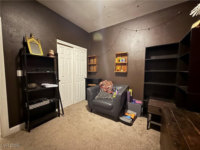 sitting room featuring a textured wall and carpet