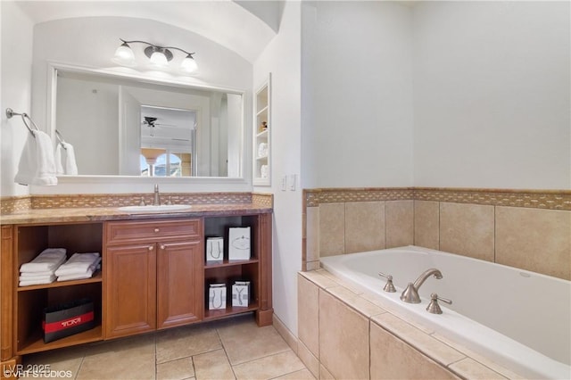 21 Via Visione Unit 201, Henderson, NV 89011 - full bath featuring a bath, vanity, tile patterned flooring, a ceiling fan, and baseboards