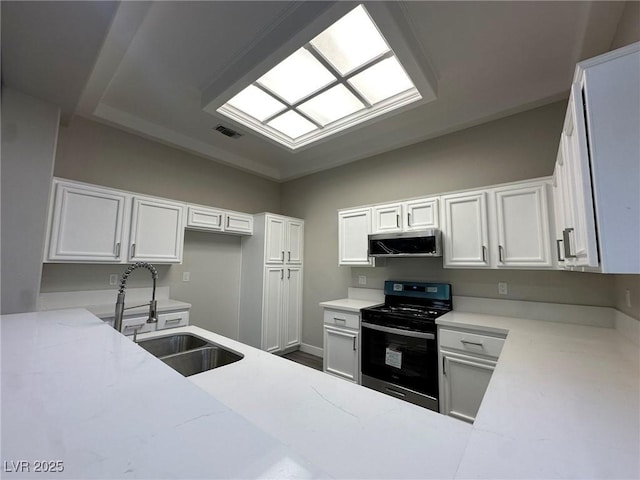 kitchen featuring stainless steel appliances, a sink, visible vents, and white cabinets