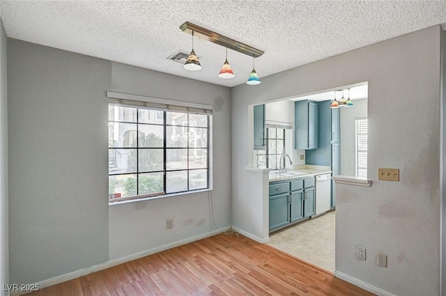 interior space with light wood-style floors, visible vents, a sink, and baseboards