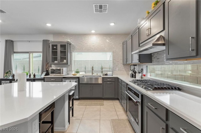 kitchen featuring under cabinet range hood, stainless steel appliances, a sink, light countertops, and glass insert cabinets