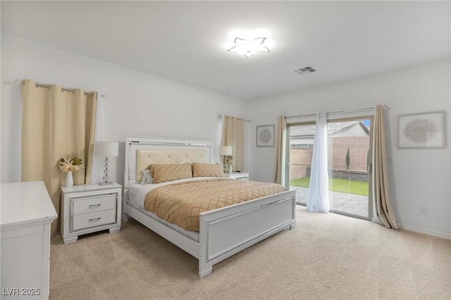 bedroom featuring access to exterior, visible vents, and light colored carpet