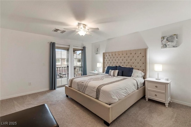 bedroom with access to outside, visible vents, baseboards, and light colored carpet