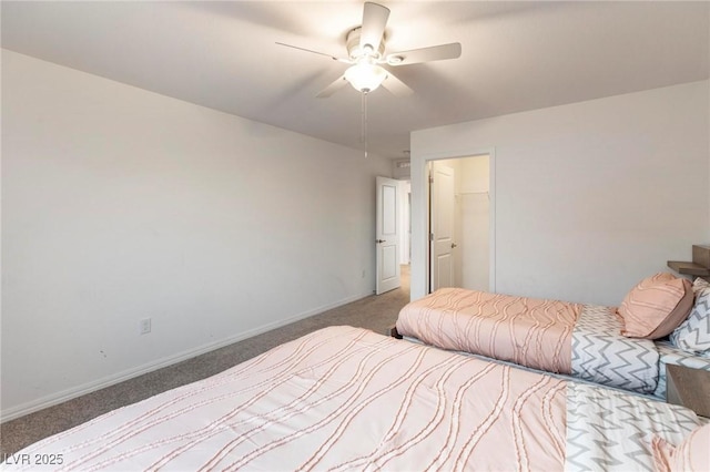 bedroom featuring carpet floors, baseboards, and a ceiling fan