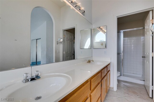 full bathroom featuring a shower stall, a sink, and tile patterned floors