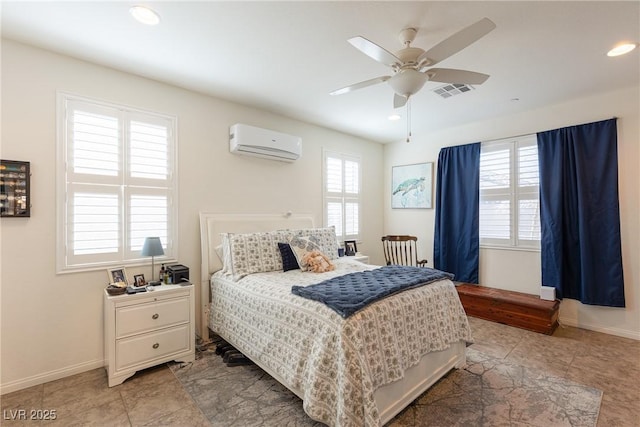 bedroom featuring visible vents, baseboards, ceiling fan, a wall mounted air conditioner, and recessed lighting