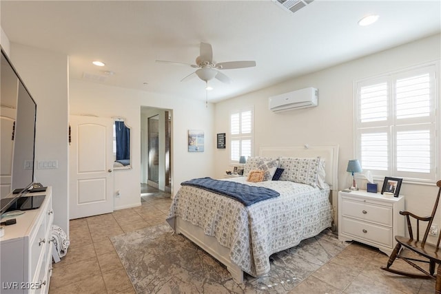 bedroom featuring recessed lighting, visible vents, ceiling fan, and a wall mounted AC