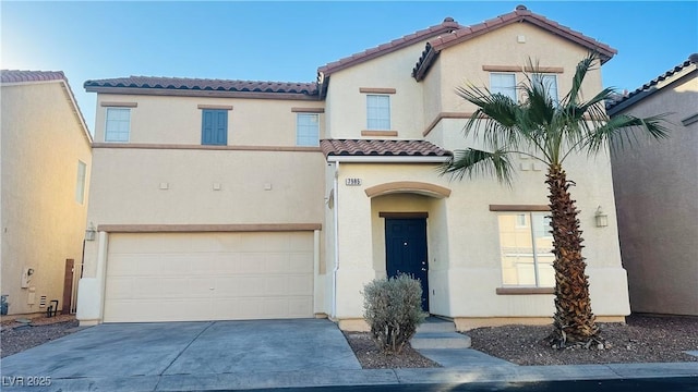 mediterranean / spanish-style home with a garage, a tile roof, driveway, and stucco siding