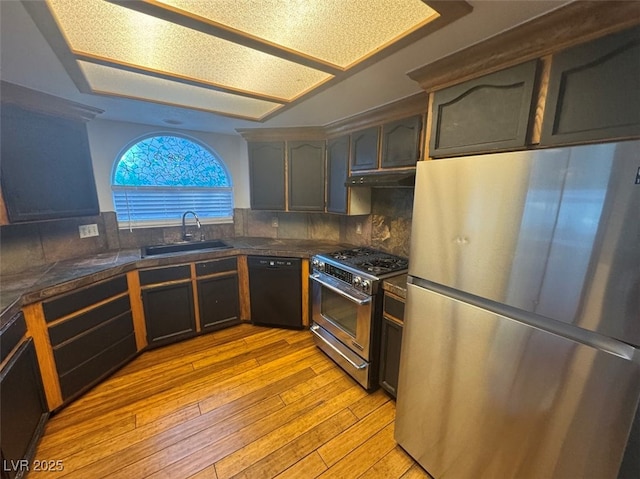 kitchen with under cabinet range hood, stainless steel appliances, a sink, light wood finished floors, and tasteful backsplash