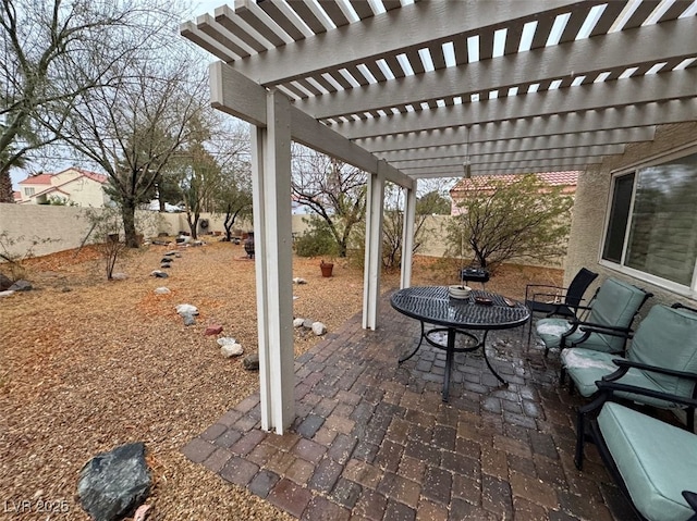 view of patio / terrace with a fenced backyard, an outdoor hangout area, and a pergola