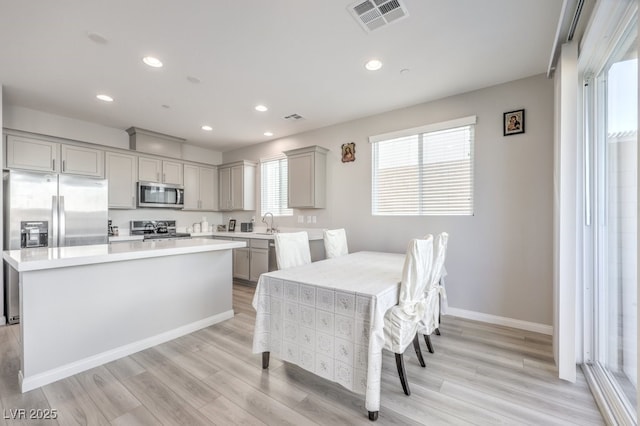 kitchen featuring visible vents, a kitchen island, gray cabinets, stainless steel appliances, and light countertops