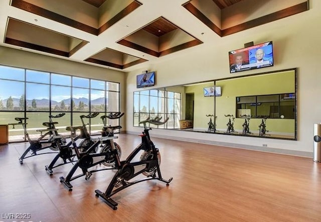 gym featuring a high ceiling, baseboards, coffered ceiling, and wood finished floors