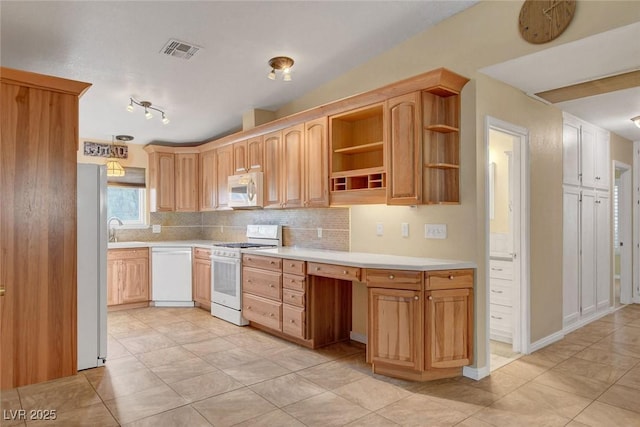 kitchen with white appliances, a sink, visible vents, light countertops, and open shelves