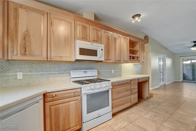 kitchen with white appliances, light countertops, light brown cabinetry, open shelves, and tasteful backsplash