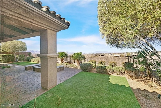 view of yard featuring a patio area and a fenced backyard