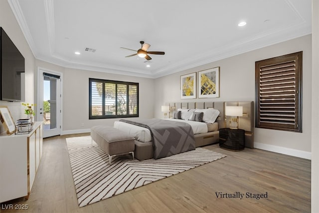 bedroom with light wood-style floors, access to outside, visible vents, and crown molding