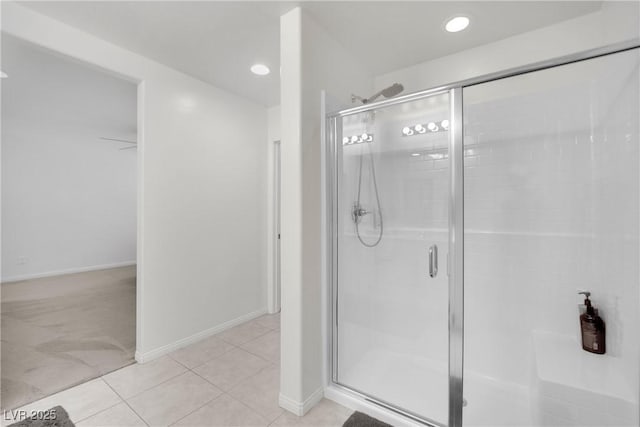 full bathroom with baseboards, a stall shower, tile patterned flooring, and recessed lighting