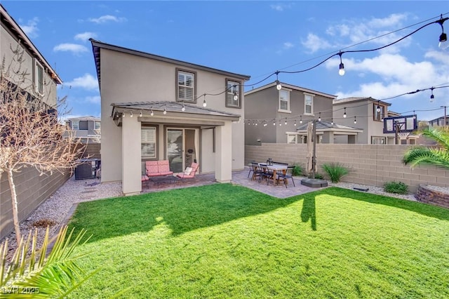 back of property featuring a patio area, a fenced backyard, central air condition unit, and stucco siding