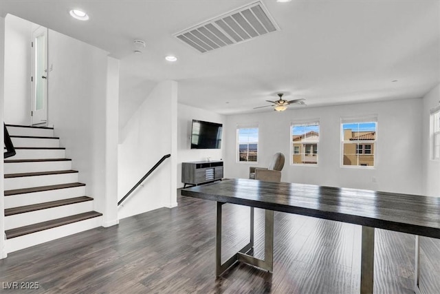 recreation room with dark wood-style floors, a ceiling fan, visible vents, and recessed lighting