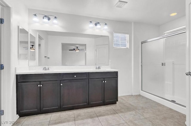 bathroom with ceiling fan, a sink, visible vents, a shower stall, and double vanity