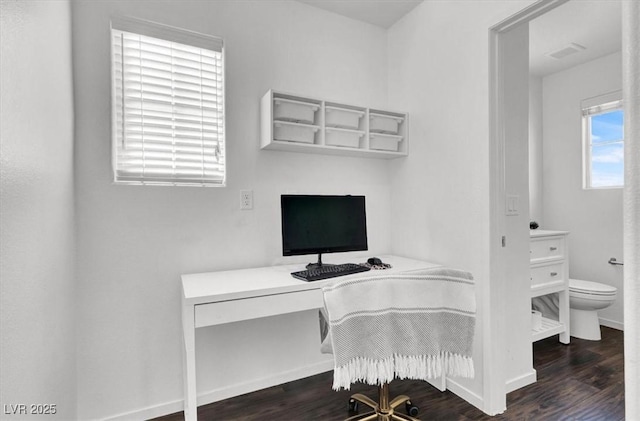 office with baseboards, visible vents, and dark wood-style flooring