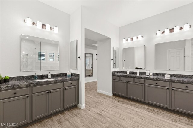 bathroom featuring a sink, two vanities, wood finished floors, and walk in shower