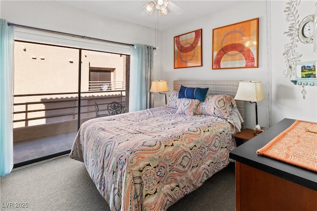 bedroom featuring access to exterior, carpet flooring, and ceiling fan