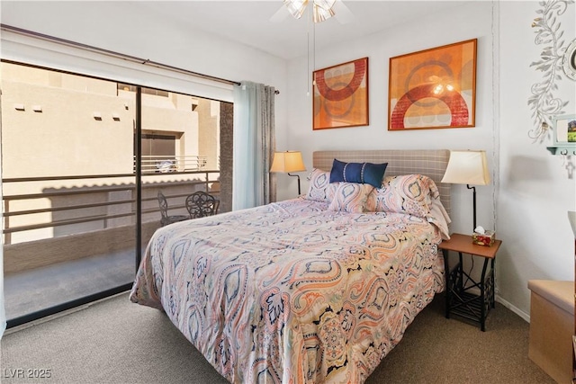 carpeted bedroom featuring ceiling fan, access to outside, and baseboards