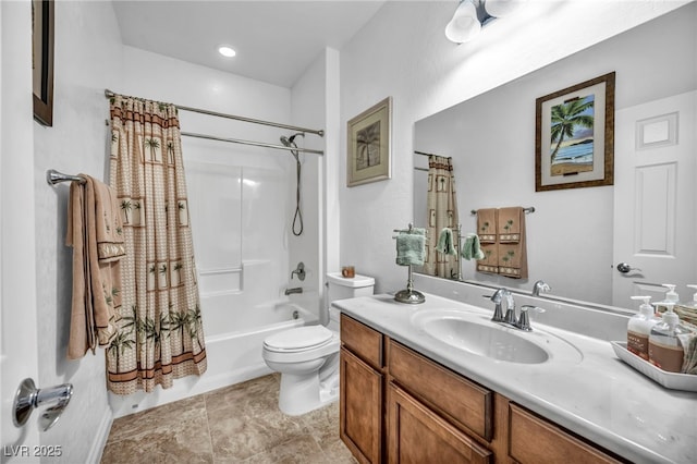 full bathroom with shower / tub combination, vanity, toilet, and tile patterned floors