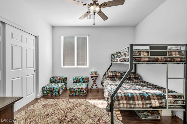 bedroom featuring visible vents, ceiling fan, and baseboards