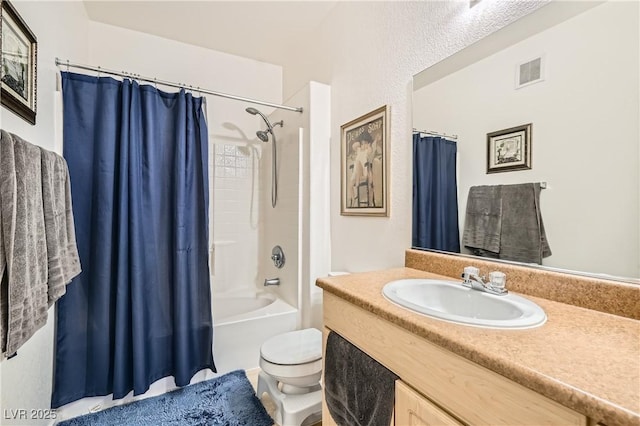 full bath with toilet, shower / bath combo, visible vents, and vanity